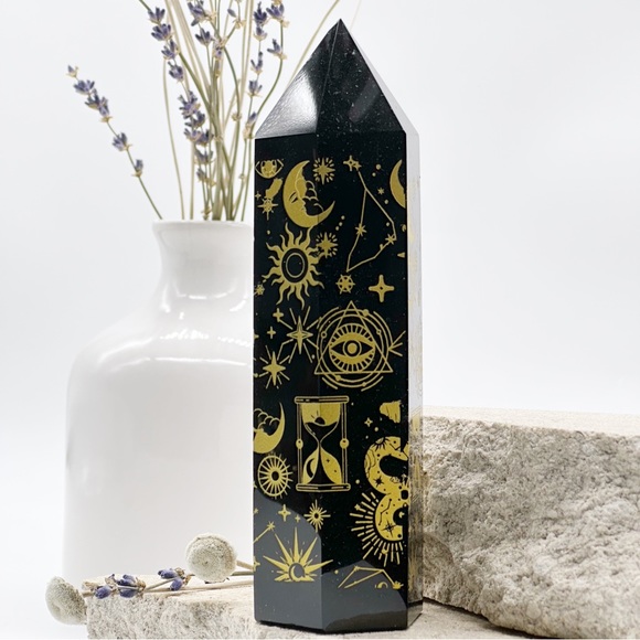 Earth Art hand crafted artisan Other - Black Obsidian Gold Celestial Printed Obelisk Tower Generator For Protection